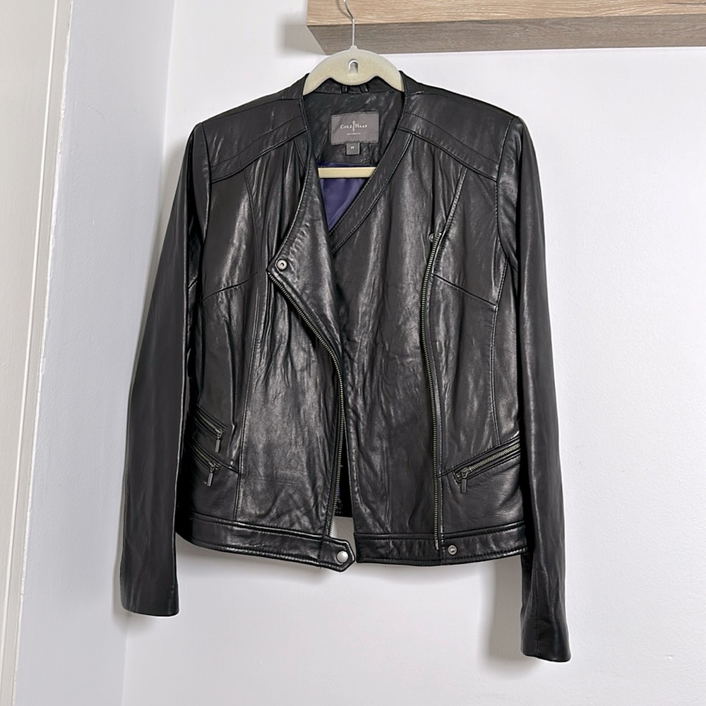 Cole Haan Black Lambskin Leather Moto Jacket